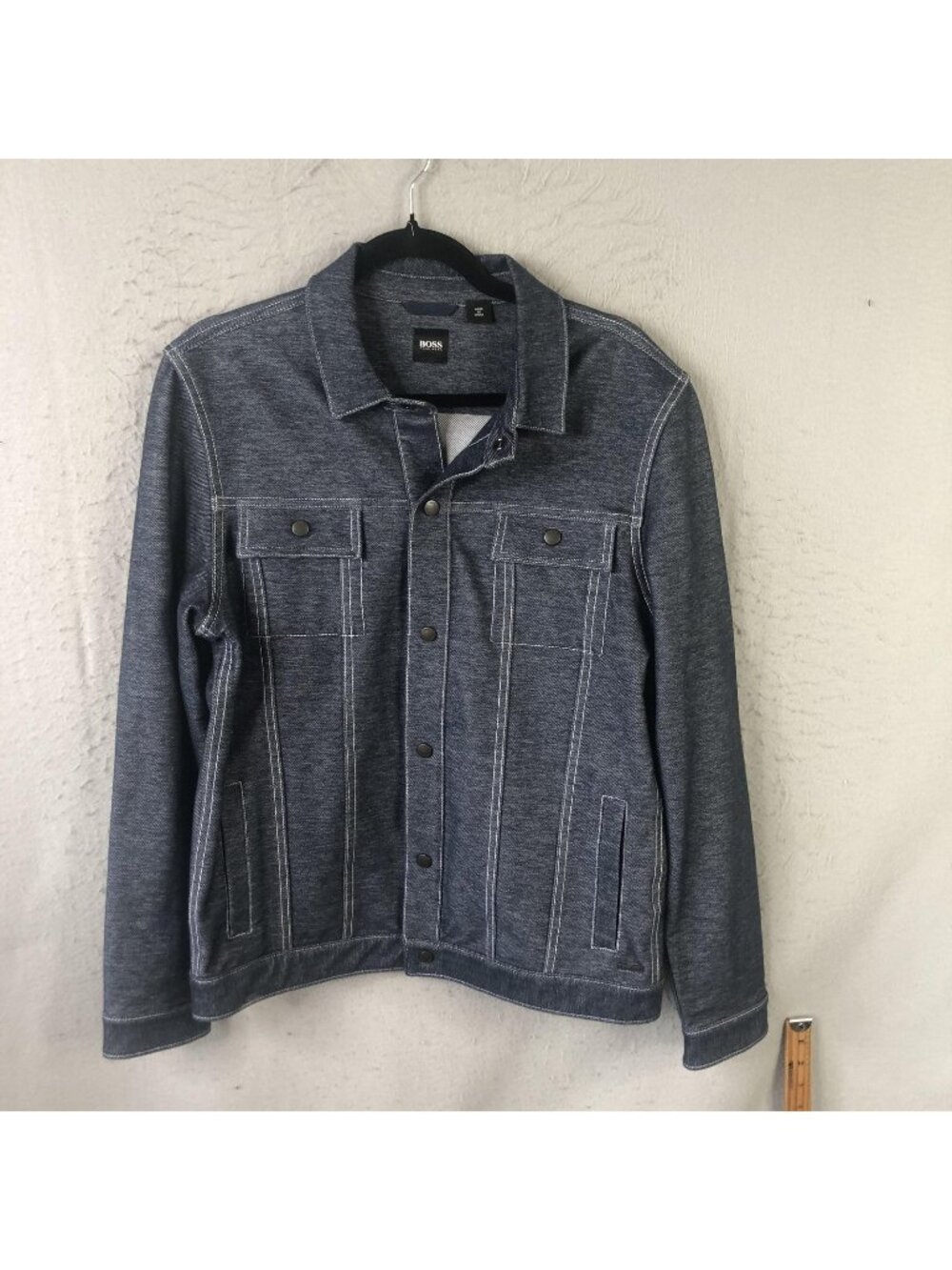 Hugo Boss Jacket Mens Large Blue Denim Snap Front Bomber Casual Streetwear